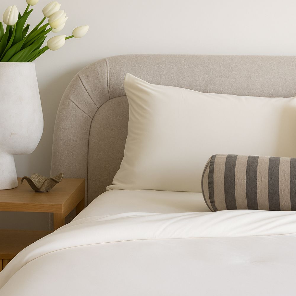 A neatly made bed with cream-colored bedding and pillows, a dark headboard, a round side table with a small decor item, and a vase with greenery against a neutral wall.