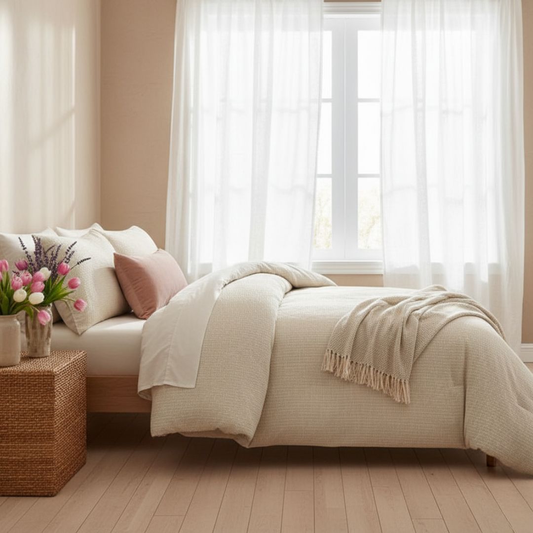 A cozy, sunlit bedroom with a neatly made bed in neutral tones, a woven nightstand with a vase of pink tulips, and sheer white curtains softly filtering light from a large window.