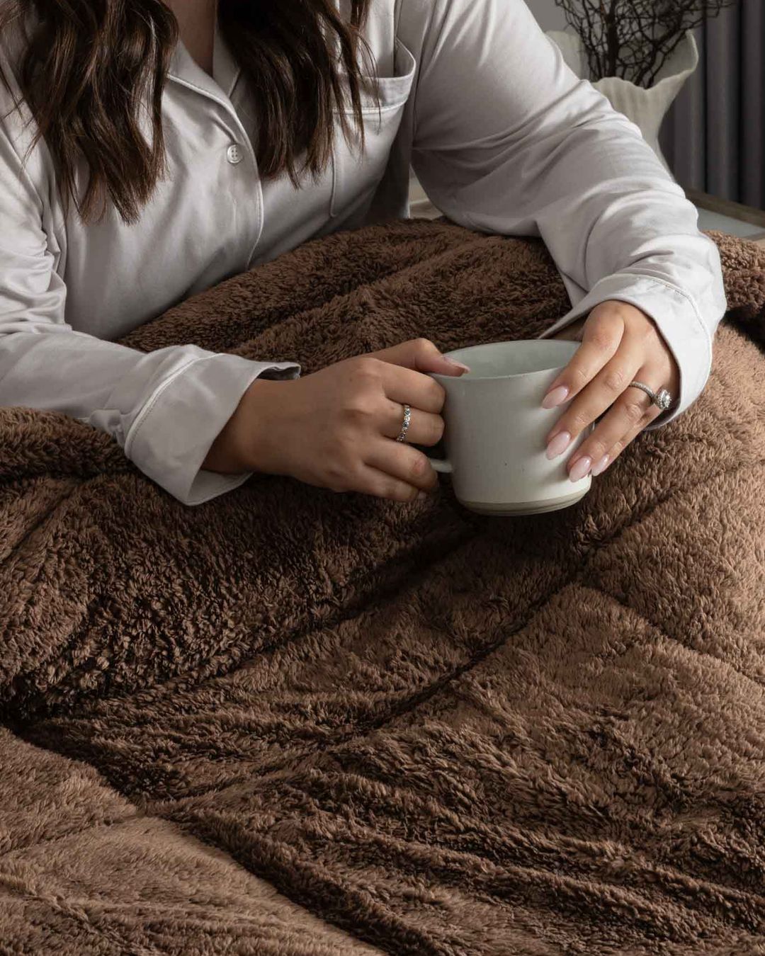 Morgan and Reid Cocoa Snuggle Fleece Comforter Set in a cosy bedroom lifestyle setting