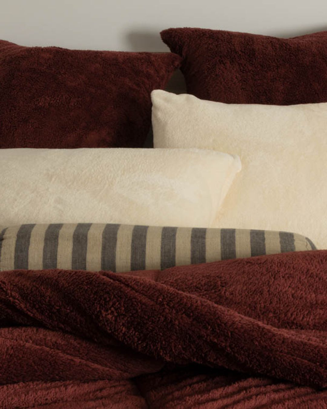 Close-up of the Morgan and Reid Hot Chocolate Snuggle Fleece European Pillowcase Pair showing fabric texture