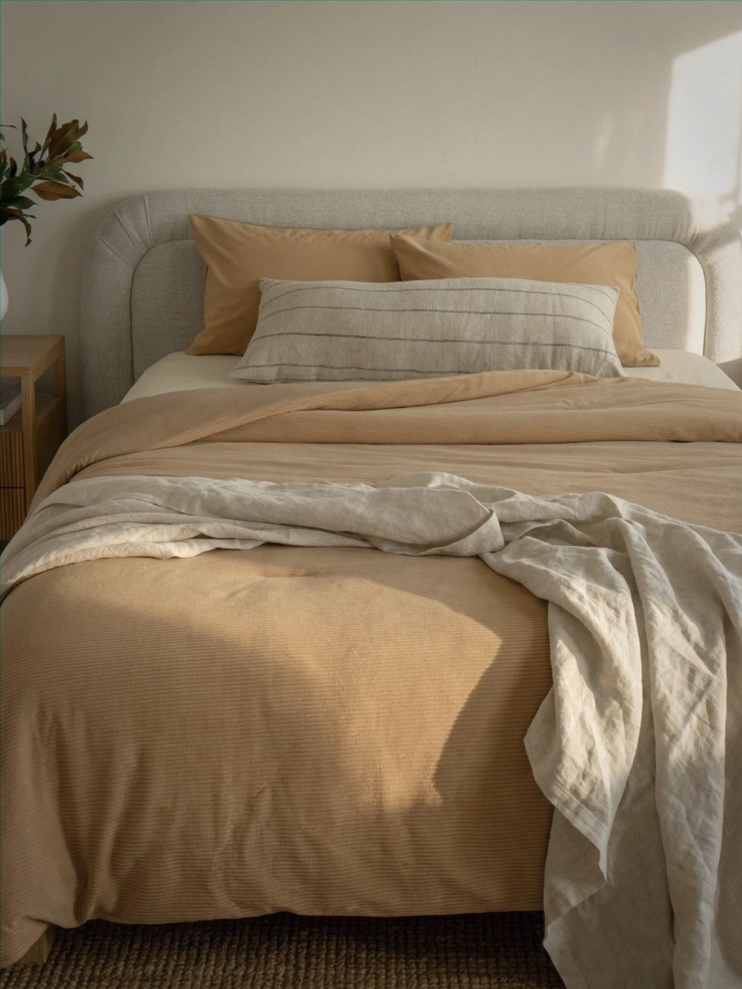 Neatly made bed with beige bedding and pillows in a softly lit bedroom.