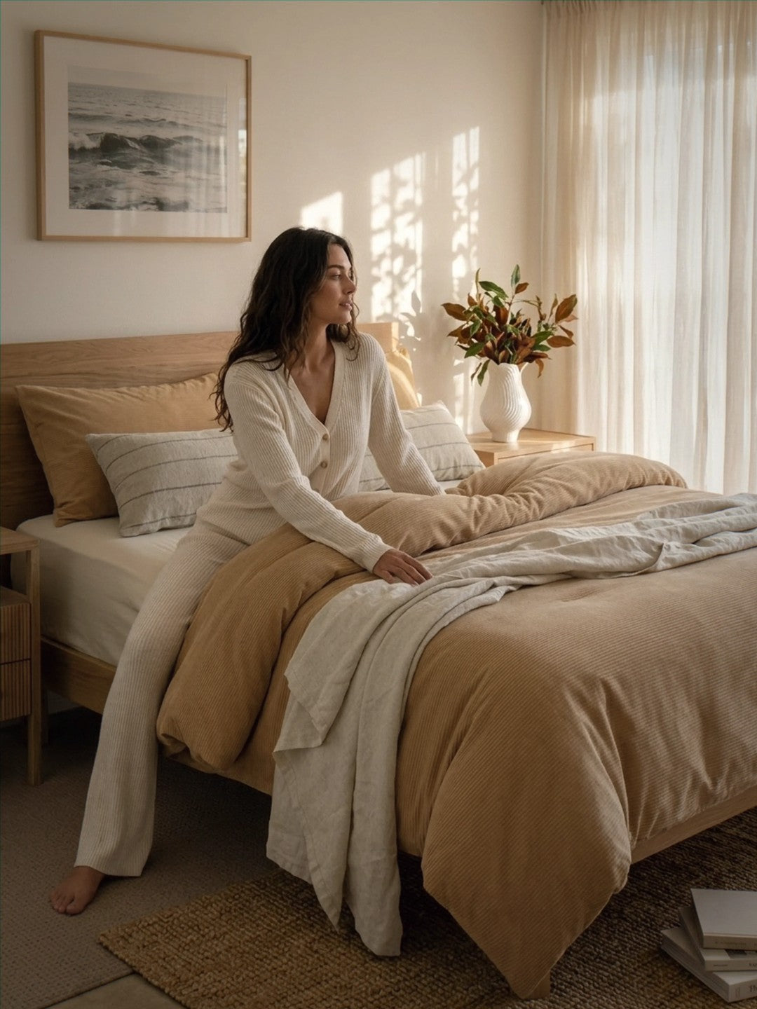 Woman sitting on a bed in a cozy bedroom with natural light