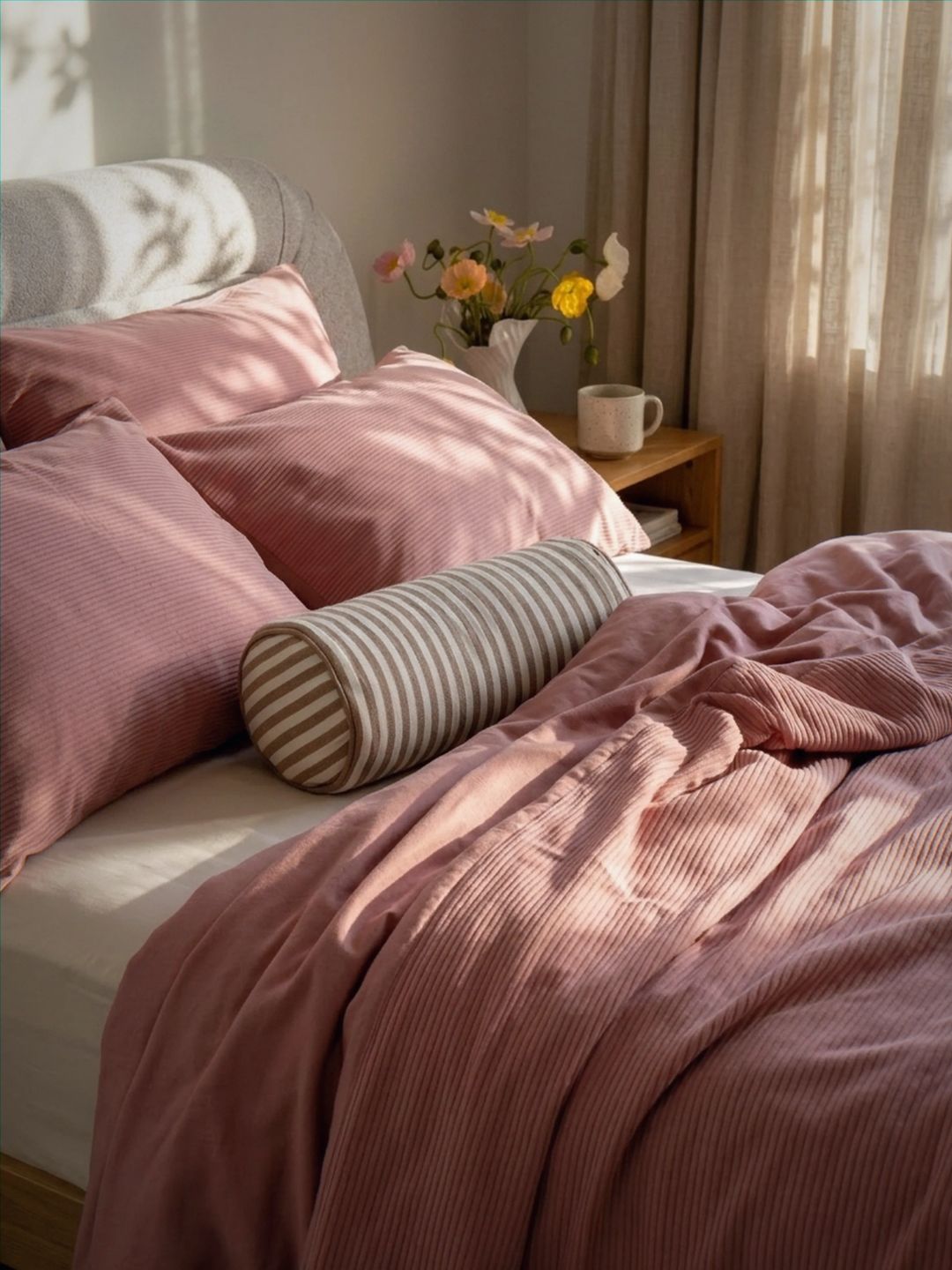 Pink bedding with striped pillow on a bed in a softly lit room.