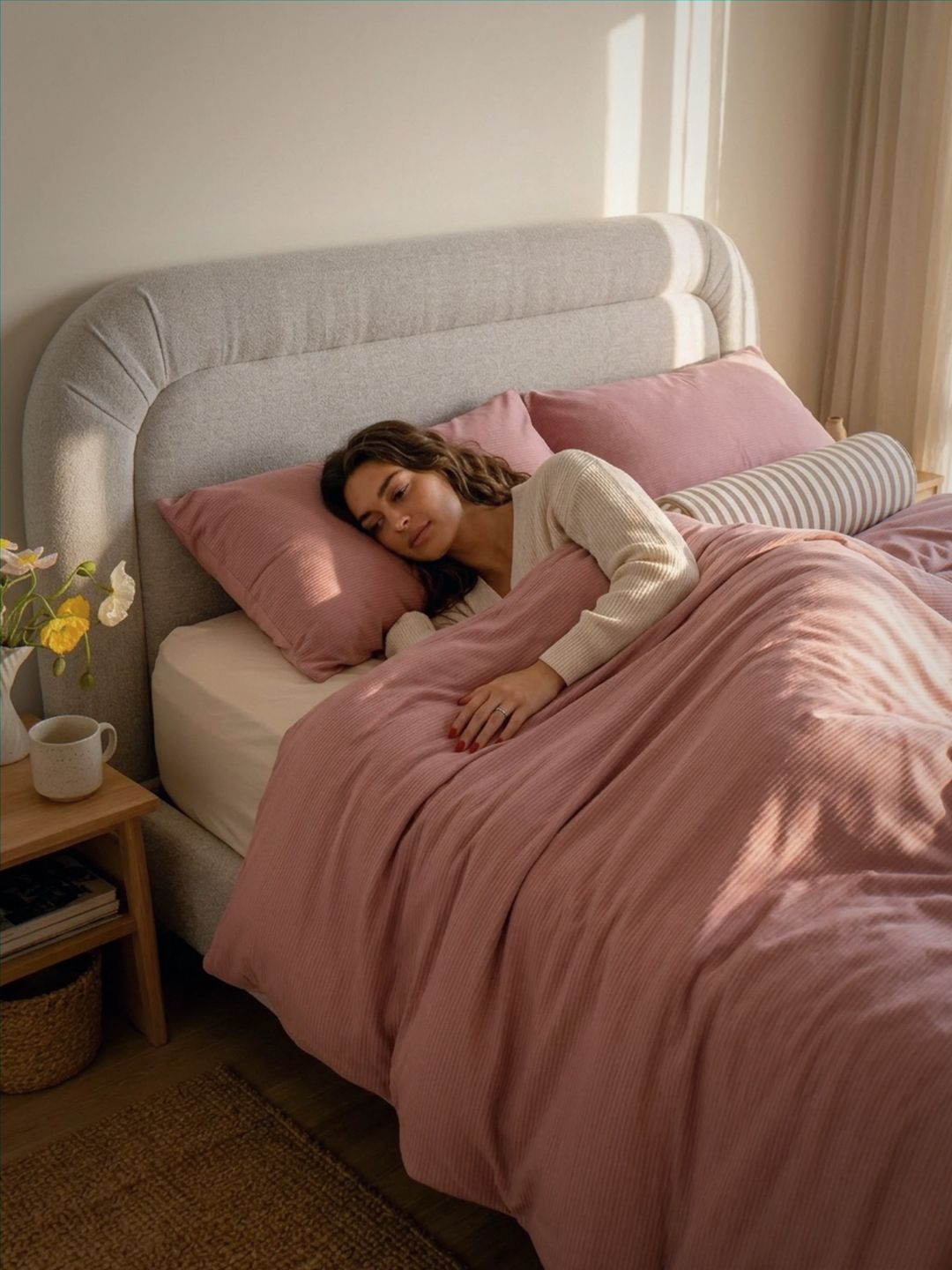 Woman sleeping in a bed with pink bedding and pillows in a cozy bedroom.