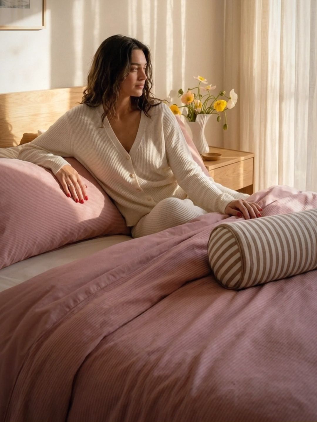 Woman sitting on a bed with pink bedding and a striped pillow, with a vase of flowers on a nightstand.