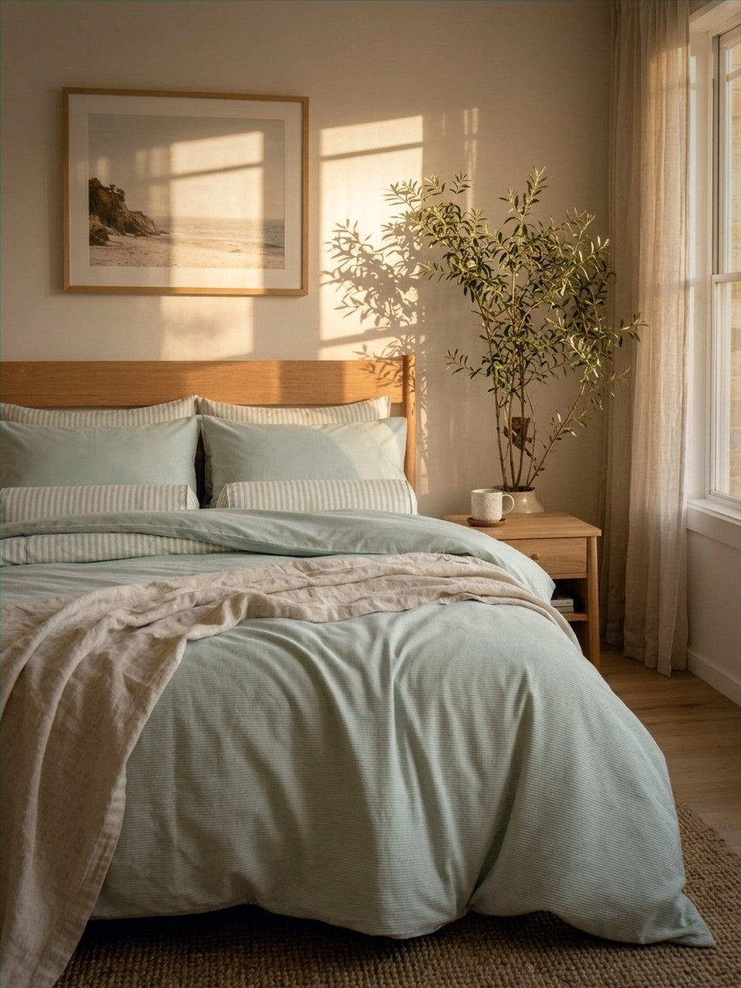 Cozy bedroom with a bed, side table, and decorative elements.
