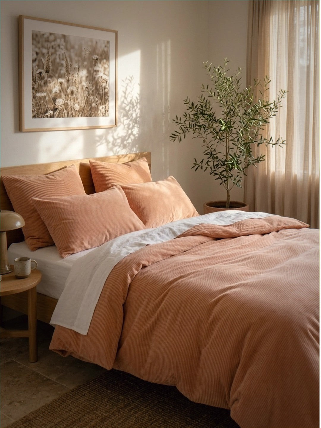 Bedroom with peach-colored bedding and decor, including a plant and framed artwork.