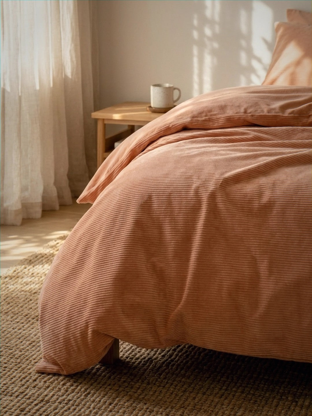 Bed with pink bedding in a softly lit bedroom