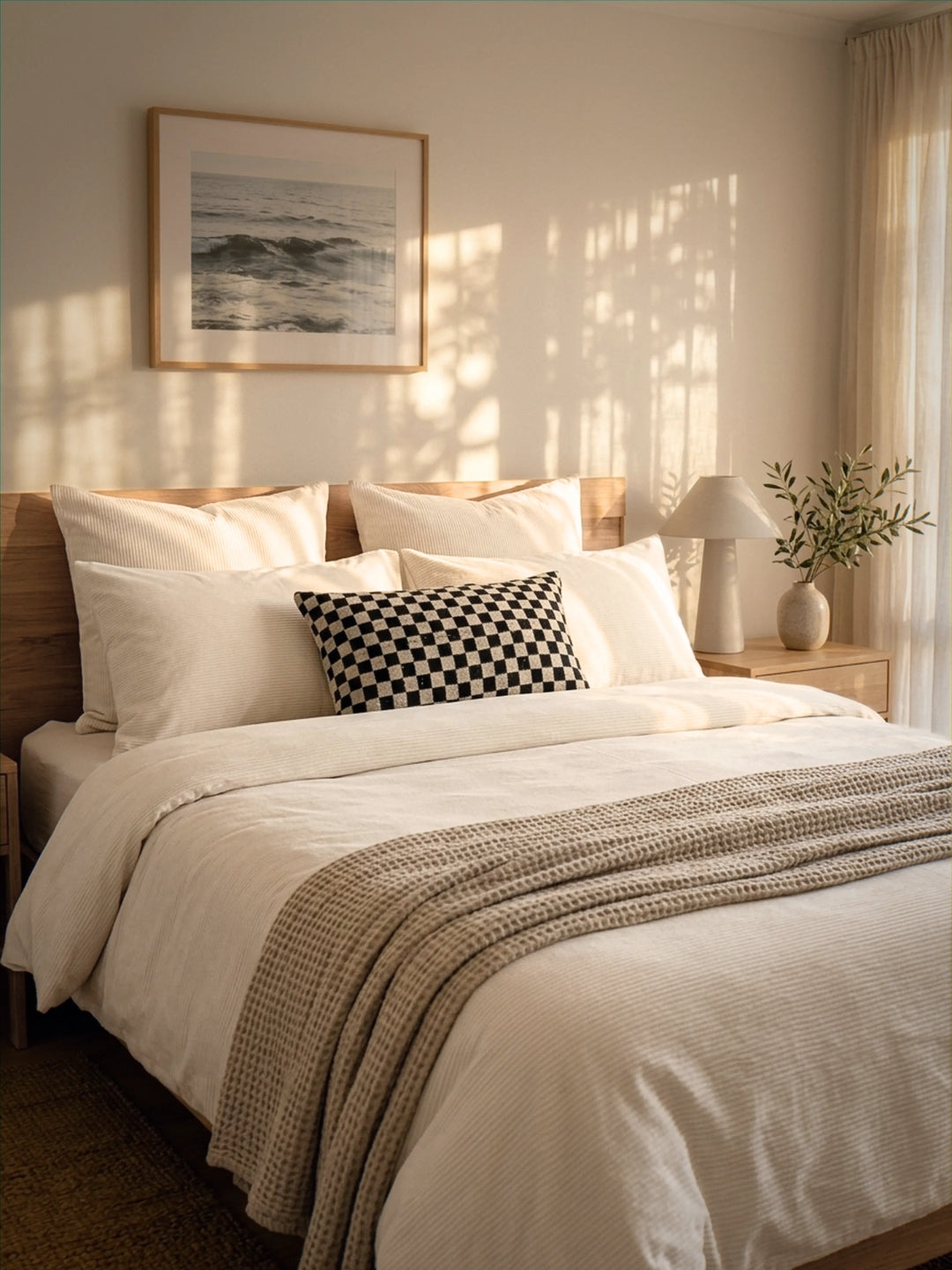 Neatly made bed with white bedding and a checkered pillow, side table with lamp and plant, framed picture on wall.