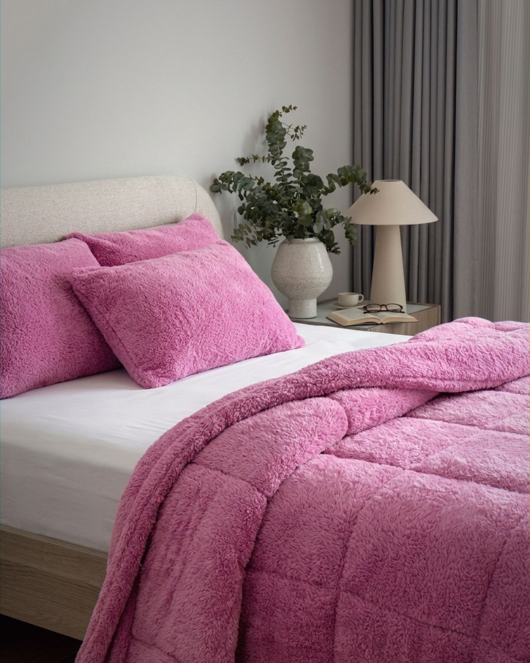 Overhead view of the Morgan and Reid All Seasons Snuggle Fleece Crocus Comforter Set on a made bed