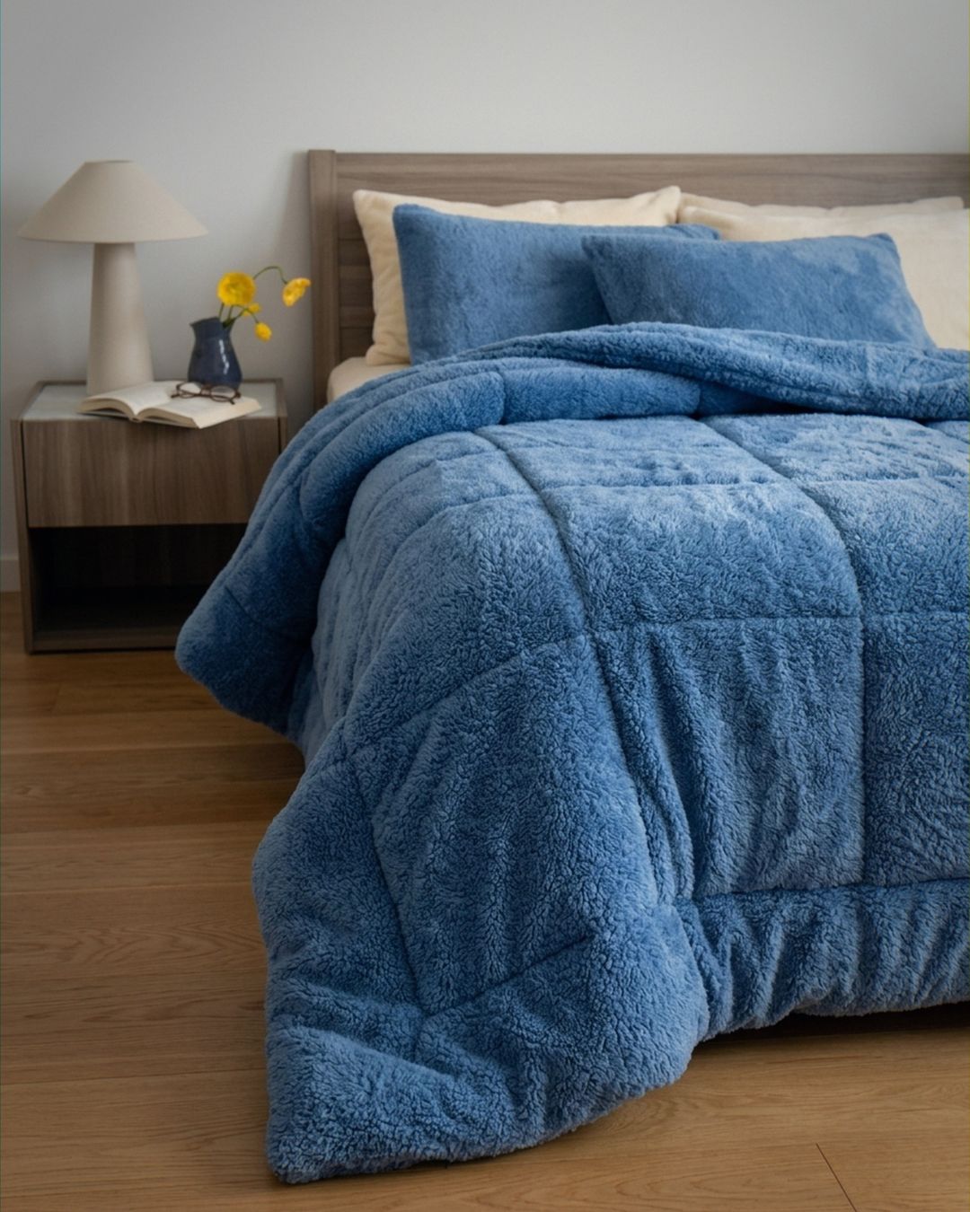 Close-up of the Morgan and Reid All Seasons Snuggle Fleece Smokey Blue Comforter Set showing fabric texture and colour