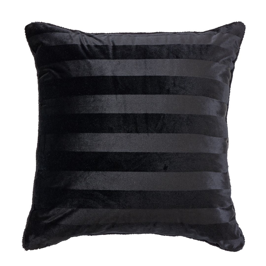 The Morgan and Reid Black Velvet Stripe Snuggle Fleece European Pillowcase Pair features square pillowcases in black with subtle alternating matte and velvet stripes, soft plush fleece fabric, and gently rounded edges.