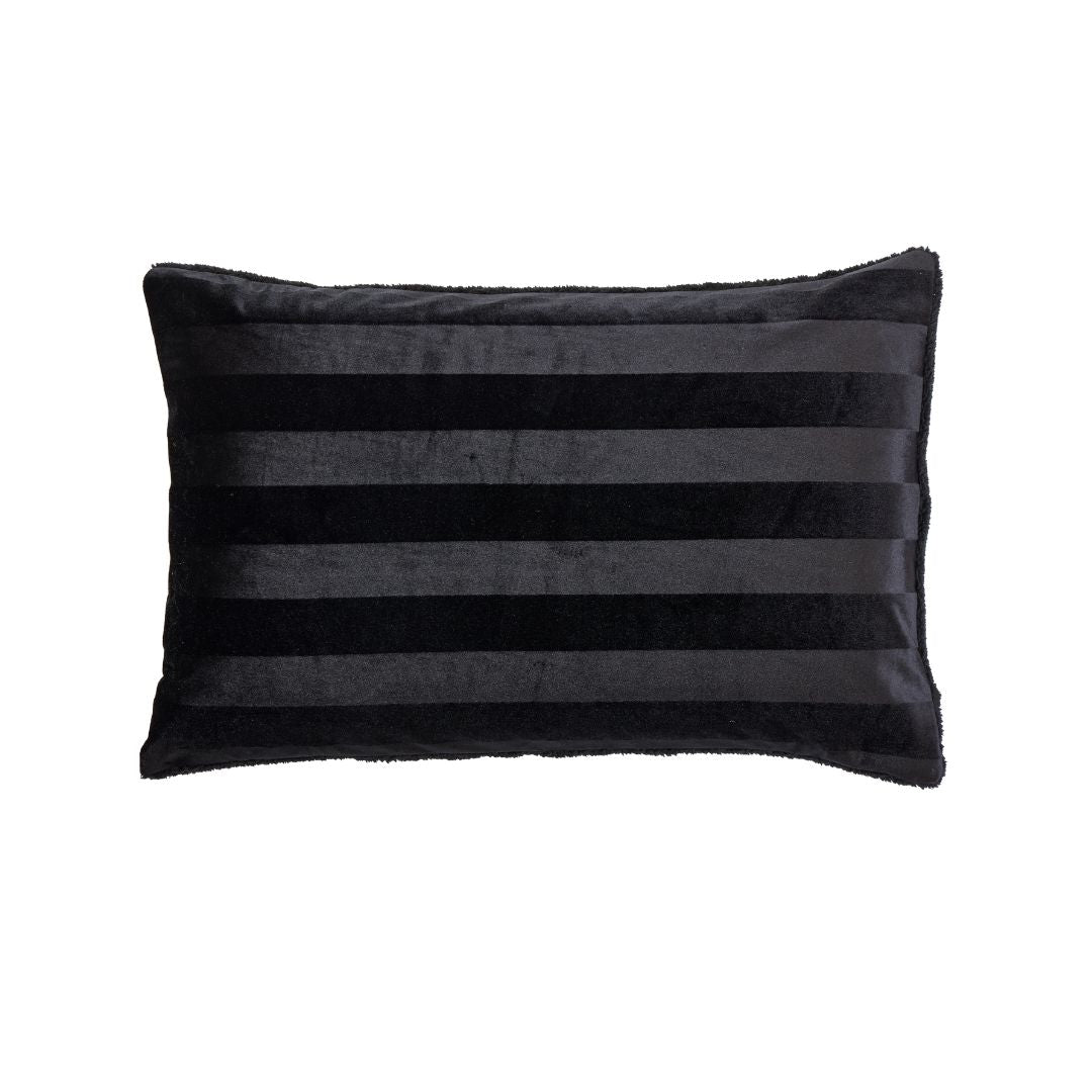 The Morgan and Reid Black Velvet Stripe Crushed Snuggle Fleece Pillowcase Pair features alternating matte and glossy stripes in sumptuous crushed velvet, shown on a white background.