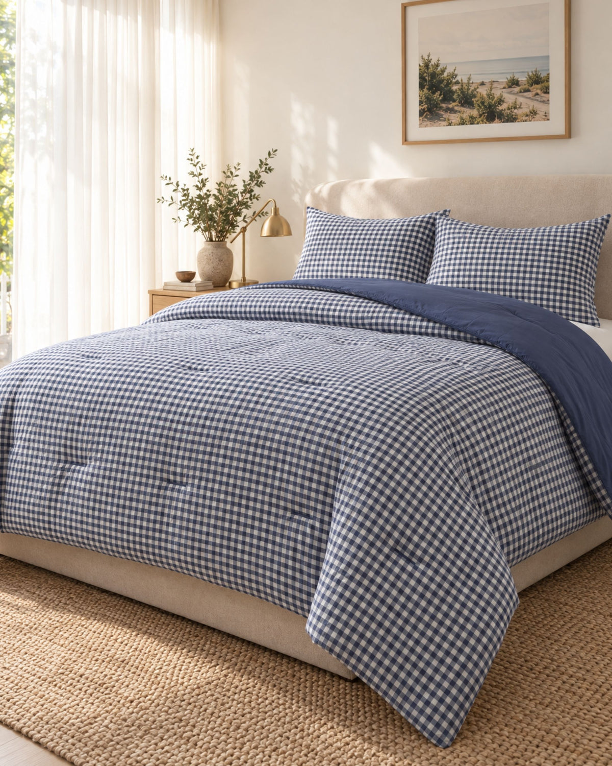 A neatly made bed in a bright bedroom setting, featuring a blue and white gingham checkered comforter with a solid navy blue folded back section, matching gingham pillows, and a beige upholstered headboard.