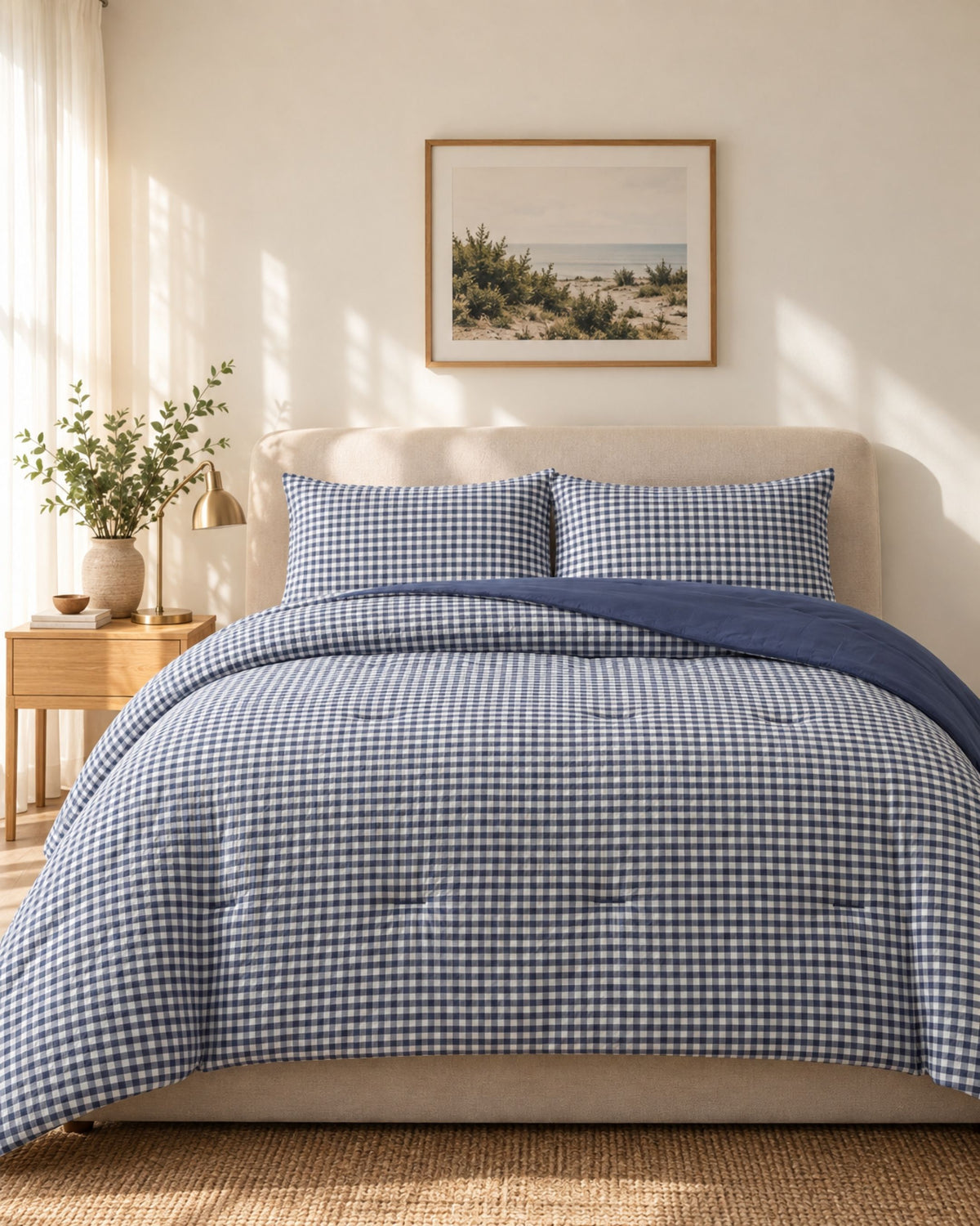 A neatly made bed in a softly lit bedroom, featuring a blue and white gingham checkered comforter with matching pillow shams and a solid navy throw blanket. A beige upholstered headboard sits against a cream wall with a framed beach print above, and a wooden side table with a vase of greenery is visible to the left.