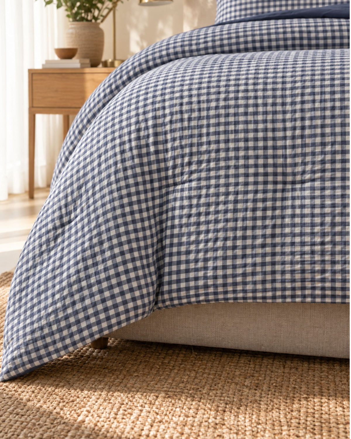 A close-up of a bed dressed in a blue and white gingham checkered comforter, with matching pillows, a beige upholstered bed frame, a woven jute rug, and a wooden side table in a softly lit bedroom.
