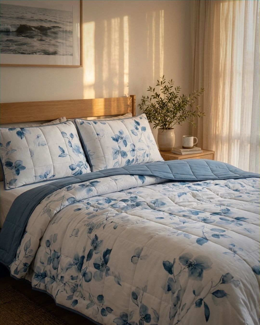 Bedroom with floral bedding and a plant on a nightstand.