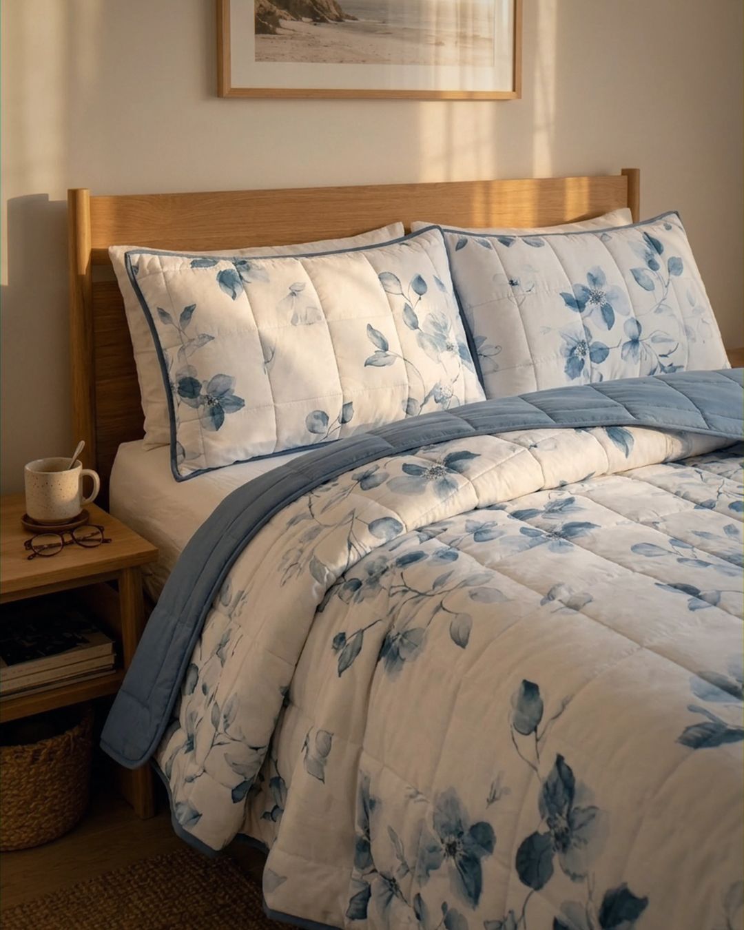 Floral bedding set on a bed with a wooden headboard and side table.