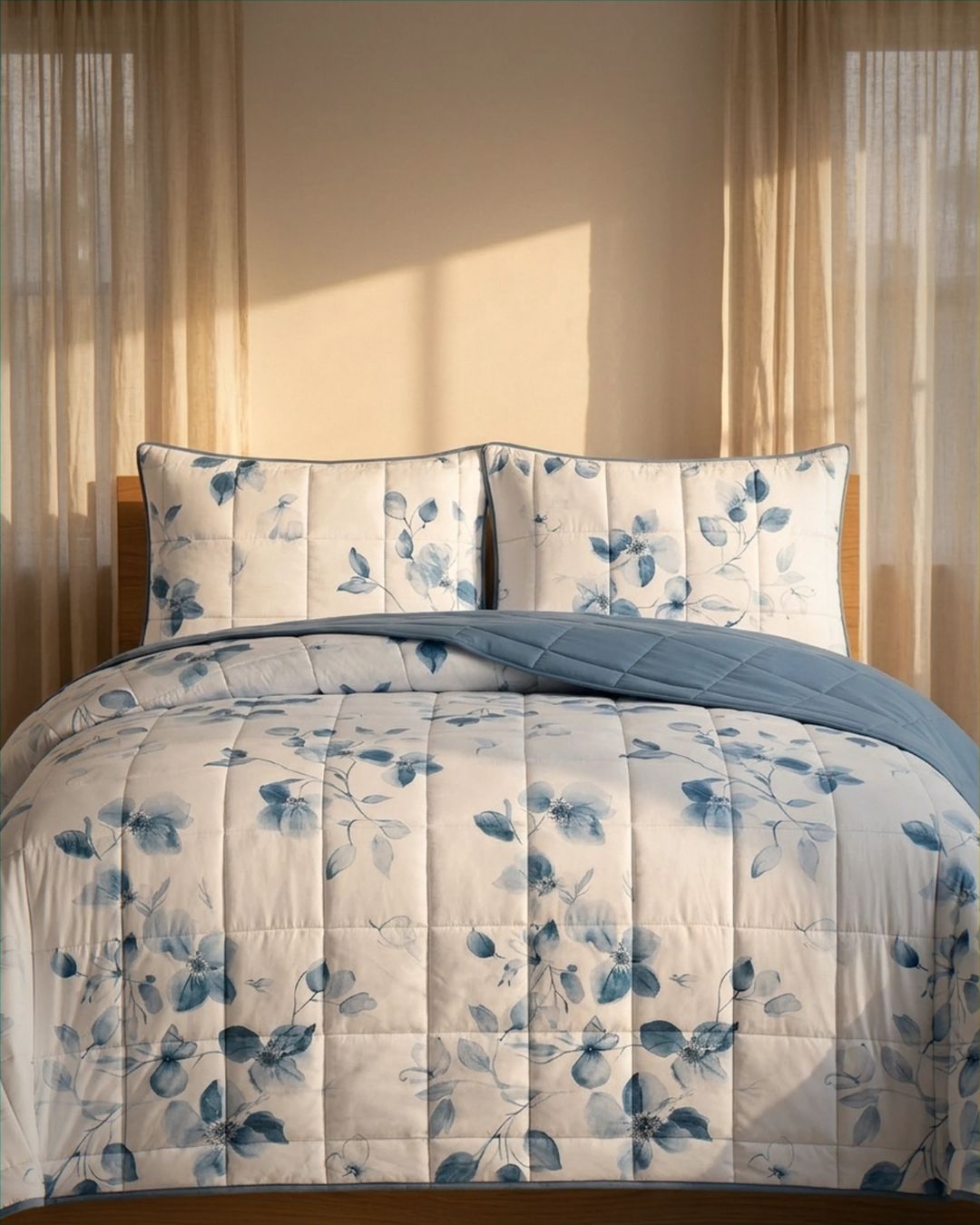 Floral patterned comforter set on a bed with curtains in the background