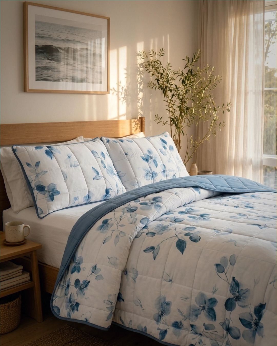Bedroom with floral bedding and a framed picture on the wall