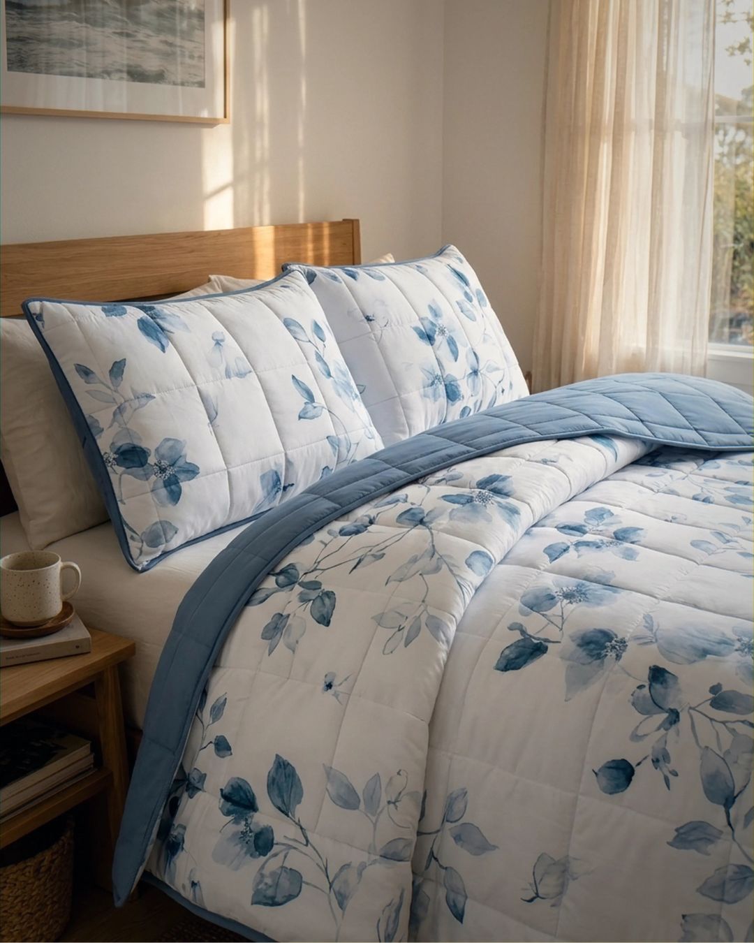 Floral bedding set on a bed in a bedroom with a side table and window.
