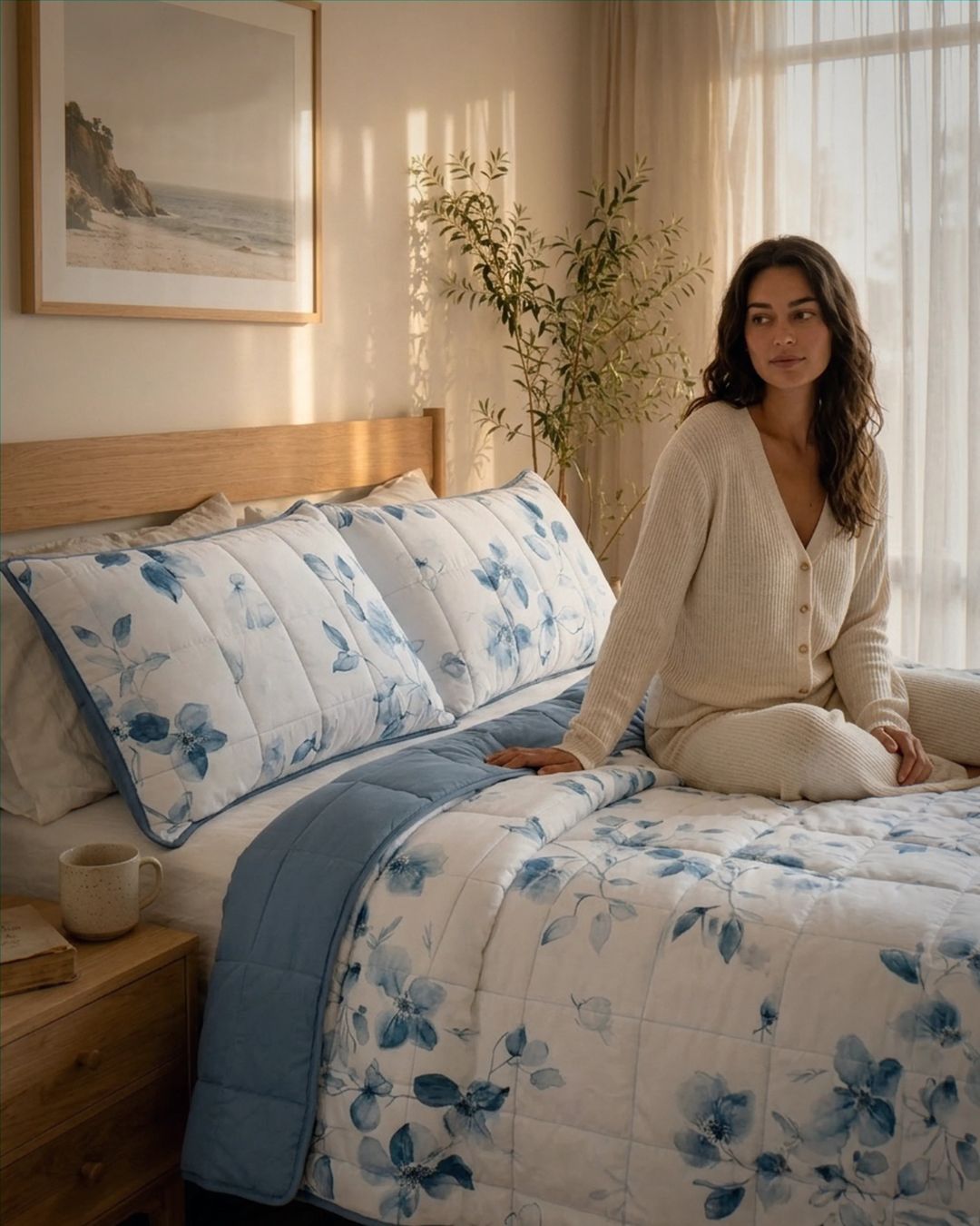 Woman sitting on a bed with floral bedding in a bright bedroom.