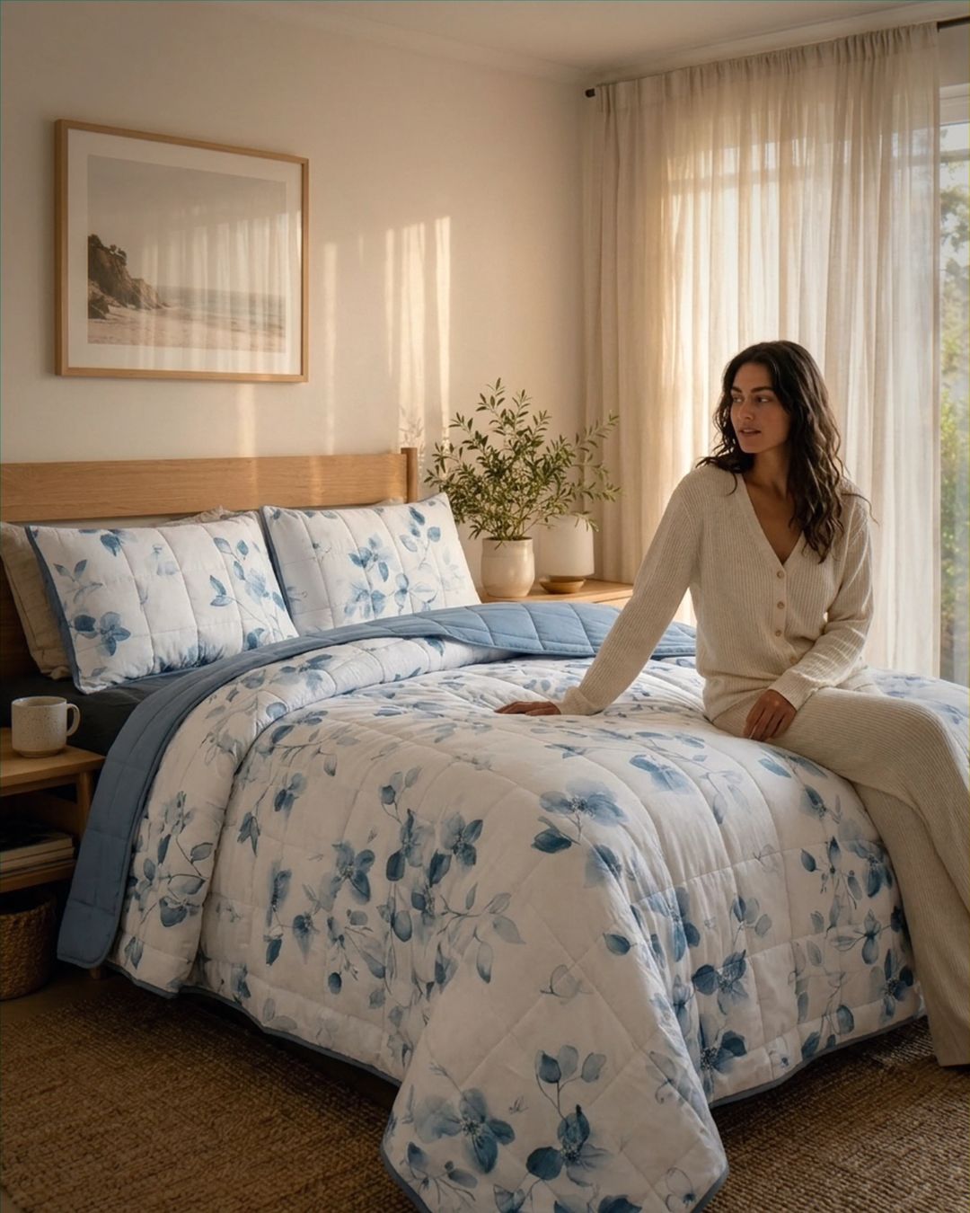 Woman sitting on a bed with floral bedding in a bright bedroom