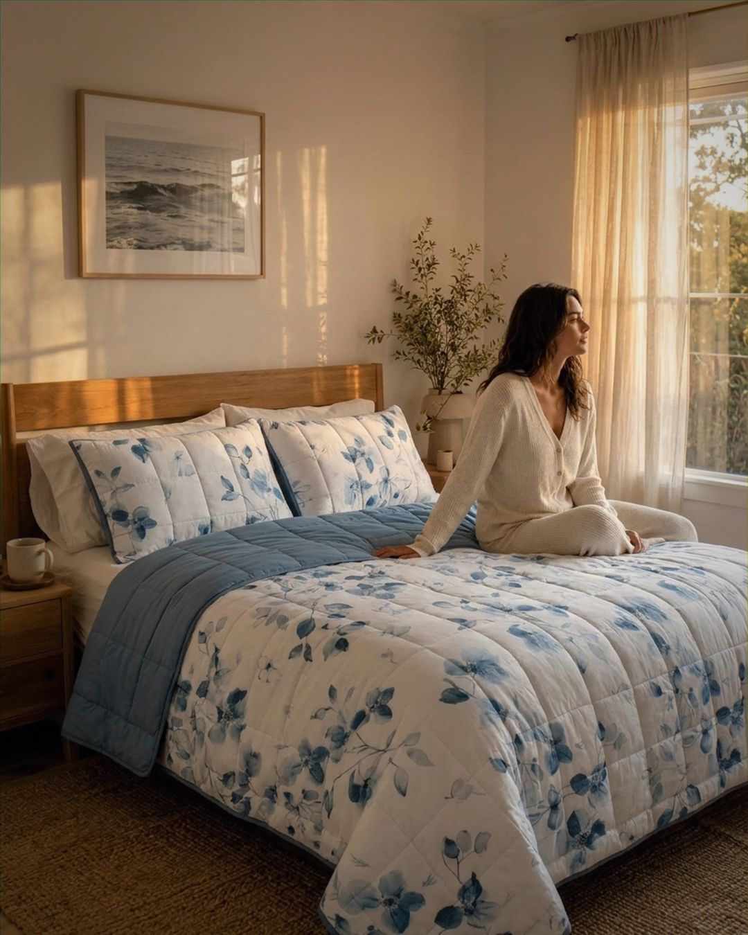 Woman sitting on a bed with floral bedding in a bright bedroom.