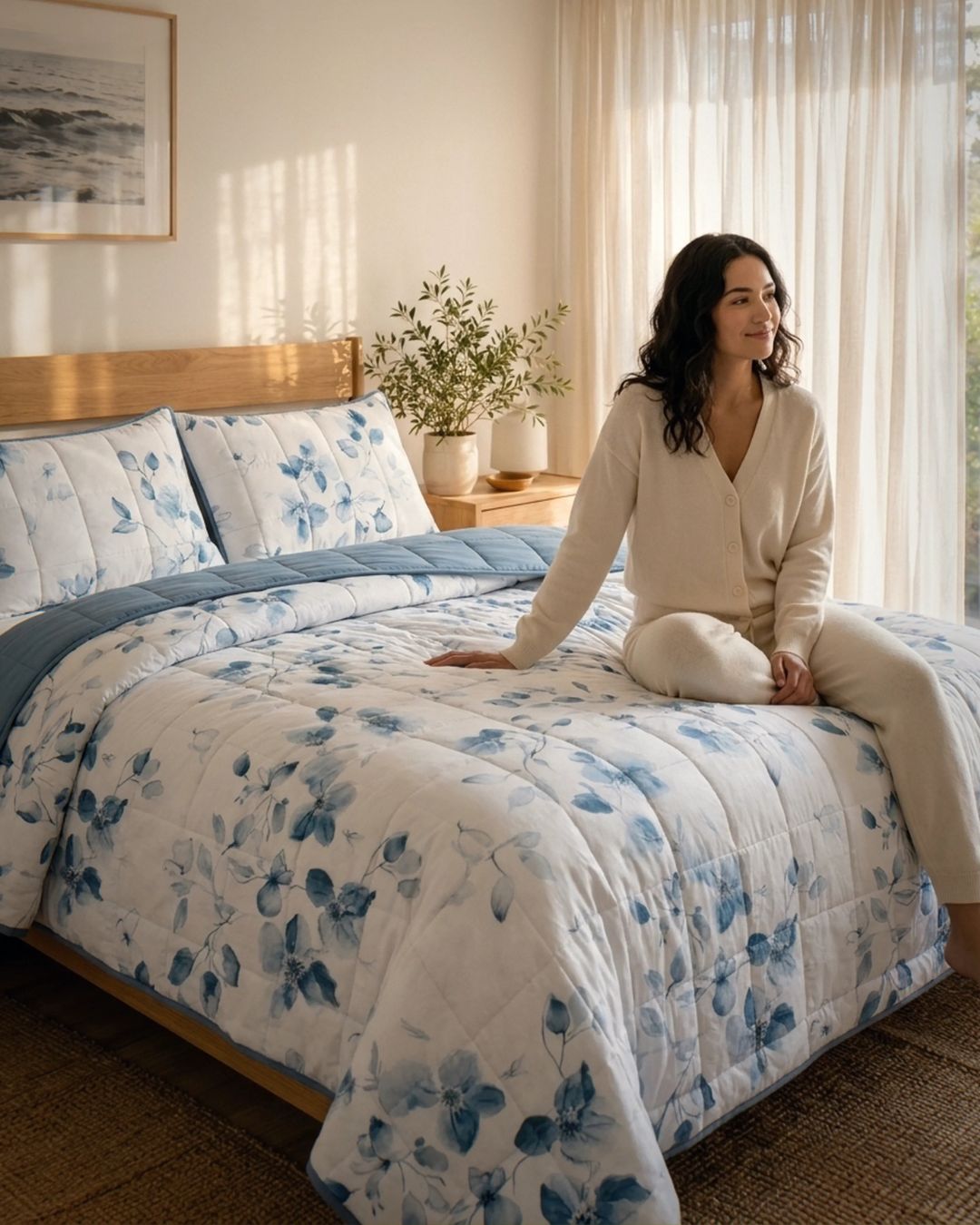 Woman sitting on a bed with floral bedding in a bright bedroom.