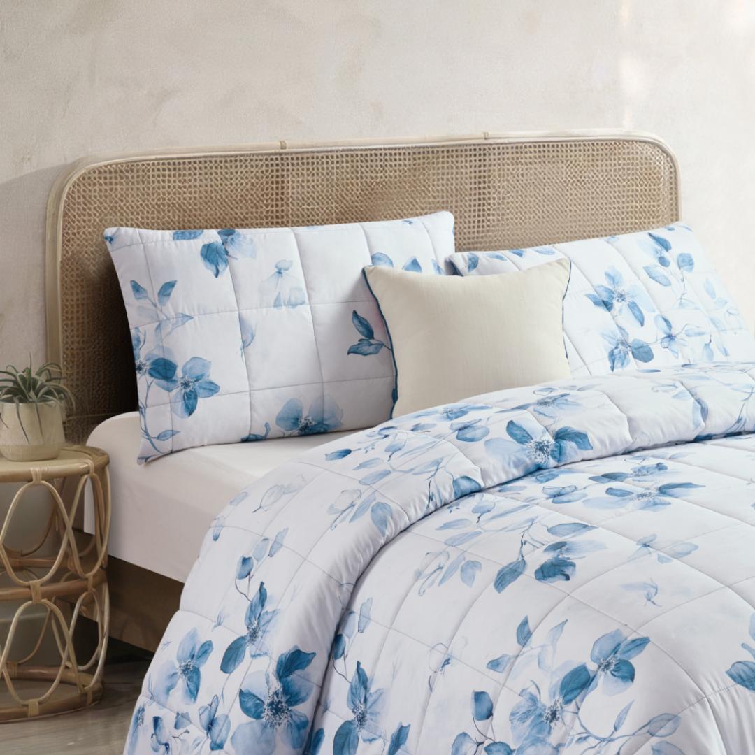 Close-up of the Morgan and Reid Blue Eucalyptus Cloudy Coverlet Set showing quilt pattern and texture