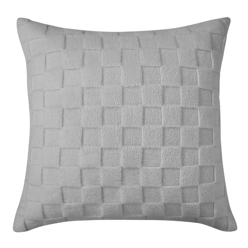 The Morgan and Reid Checkered Silver Snuggle Fleece European Pillowcase Pair features a square shape, light gray color, and a soft textured checkered pattern with alternating raised and flat squares.