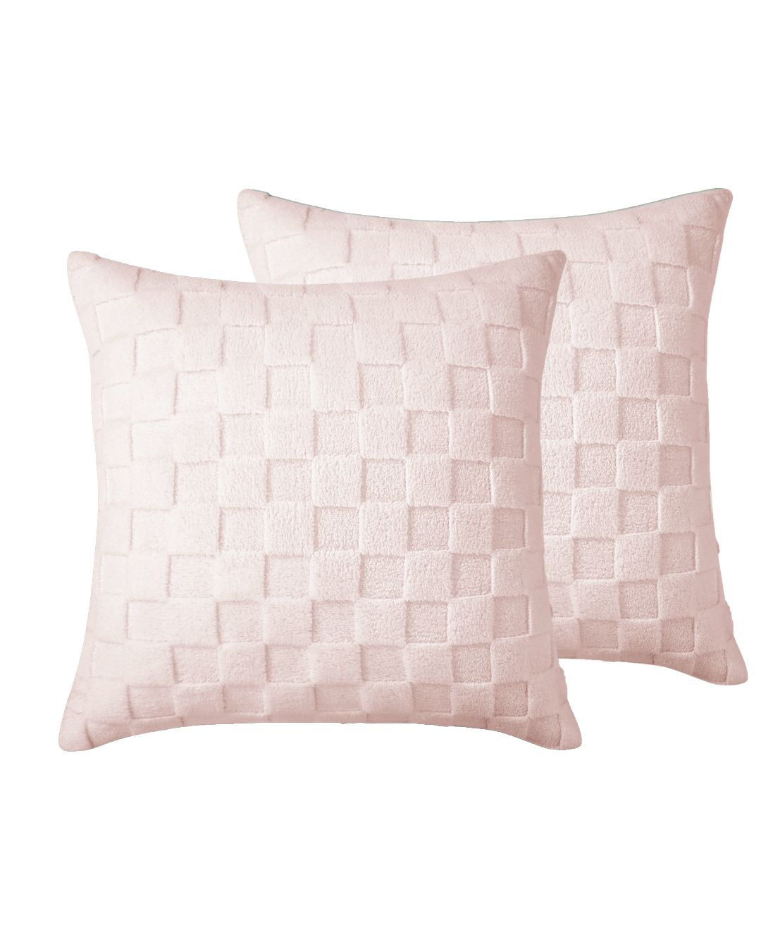 Two pink woven patterned pillows on a white background