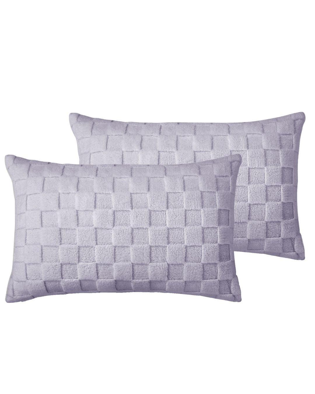 Two woven purple pillows on a white background