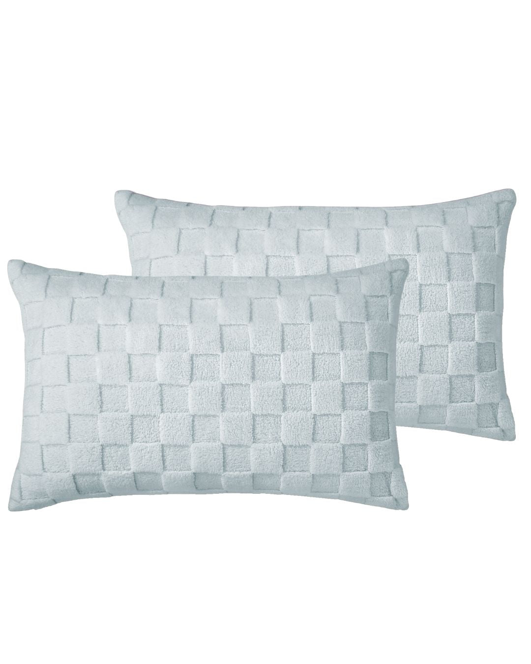 Two woven light blue pillows on a white background