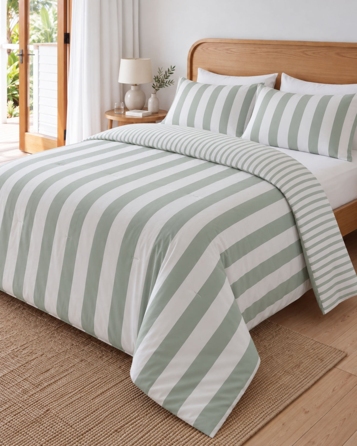 A bed dressed in a striped duvet cover and matching pillow shams with alternating sage green and white vertical stripes, styled in a bright bedroom with a wooden headboard, bedside lamp, and woven rug.
