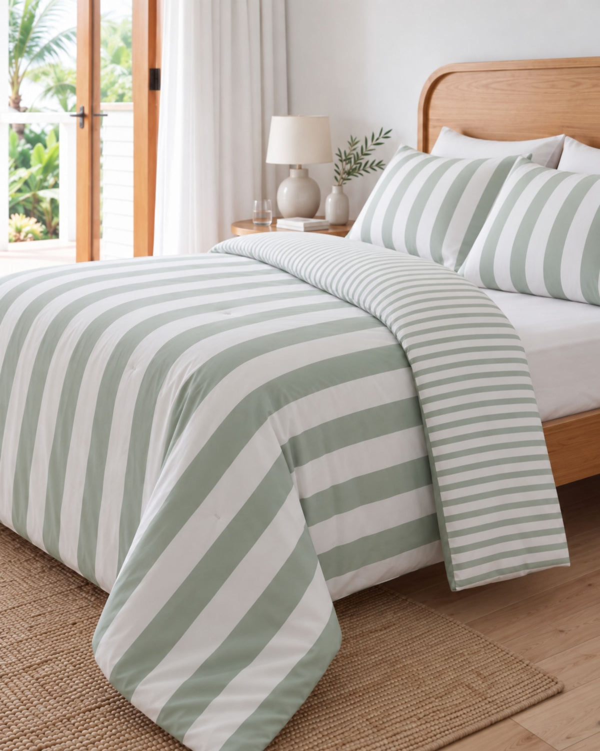 A bed dressed in a mint green and white striped bedding set, including a comforter and matching pillow shams, styled in a bright bedroom with a wooden headboard, bedside lamp, and window view.