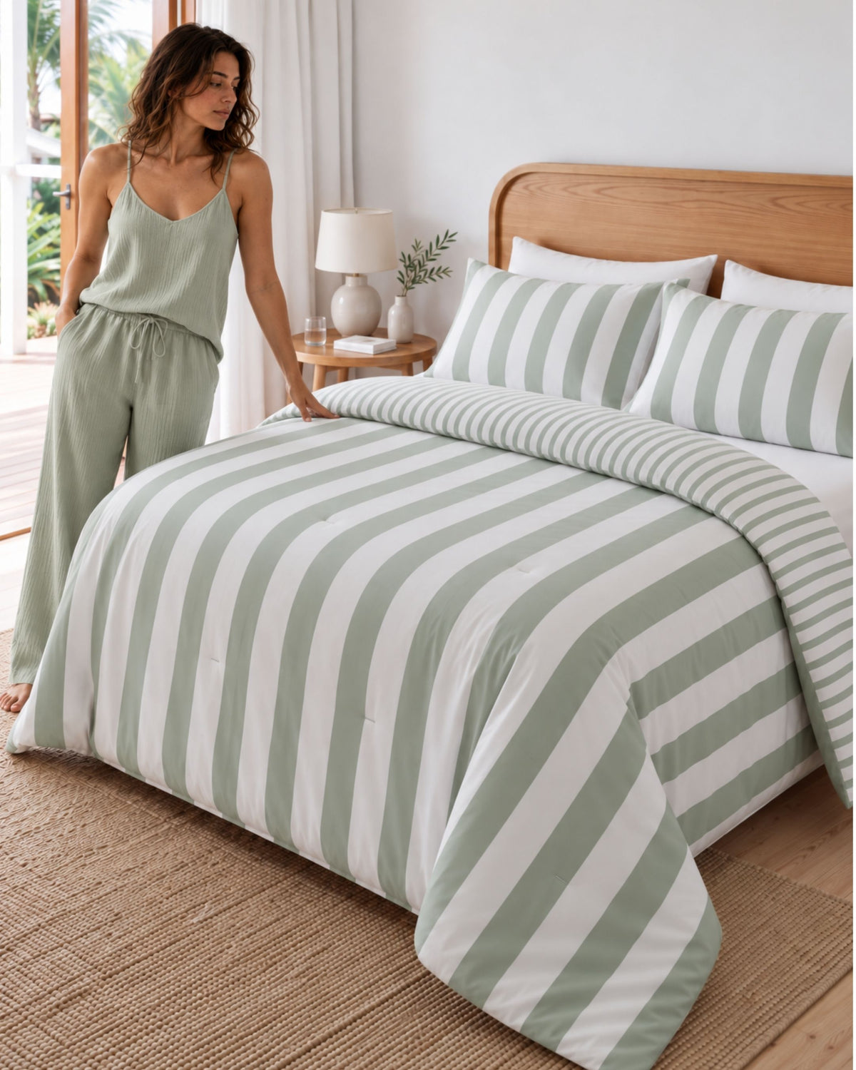 A woman wearing a sage green pajama set stands beside a bed styled with a sage green and white striped duvet cover and matching striped pillow shams in a bright bedroom.