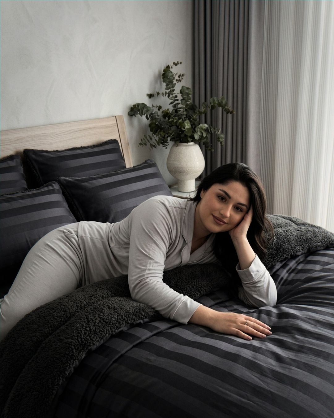 Close-up of the Morgan and Reid Black Velvet Stripe Crushed Snuggle Fleece Pillowcase Pair showing fabric texture