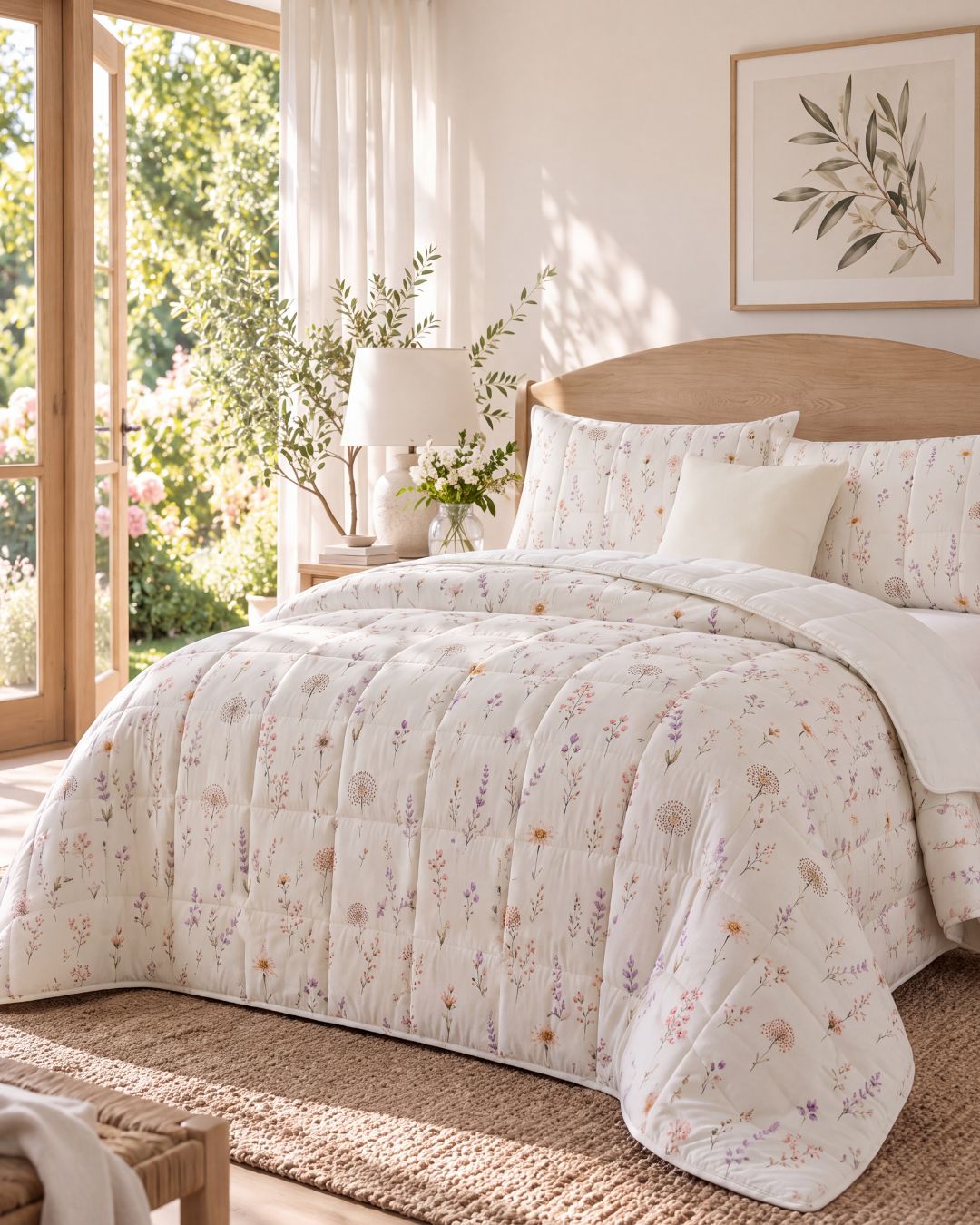 A neatly made bed in a bright, sunlit bedroom featuring a quilted white comforter and matching pillow shams with a delicate multicolor floral and botanical print. The room has a light wood headboard, a bedside table with a lamp, and a window looking out onto green garden foliage.