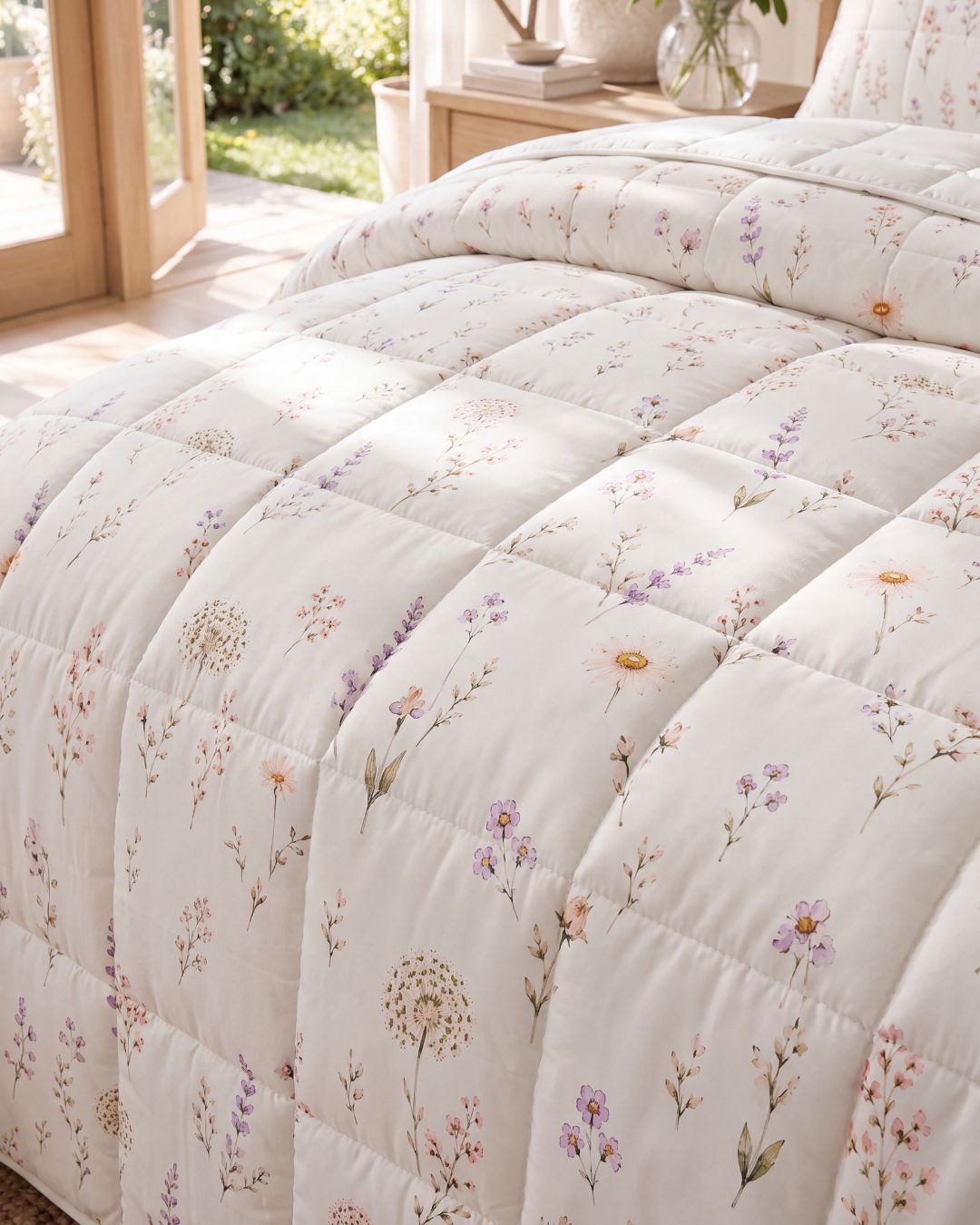 A quilted comforter with a delicate pastel floral and dandelion pattern in soft purple, pink, and green on an off-white background, styled on a bed in a bright bedroom.