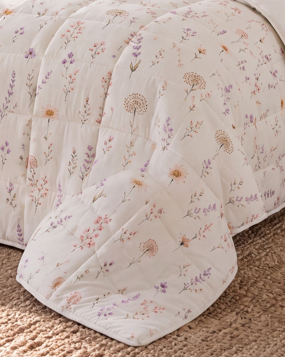 A quilted comforter with a delicate dandelion and wildflower pattern in soft purple, pink, and beige tones on an off-white background, styled on a bed over a textured brown woven rug.