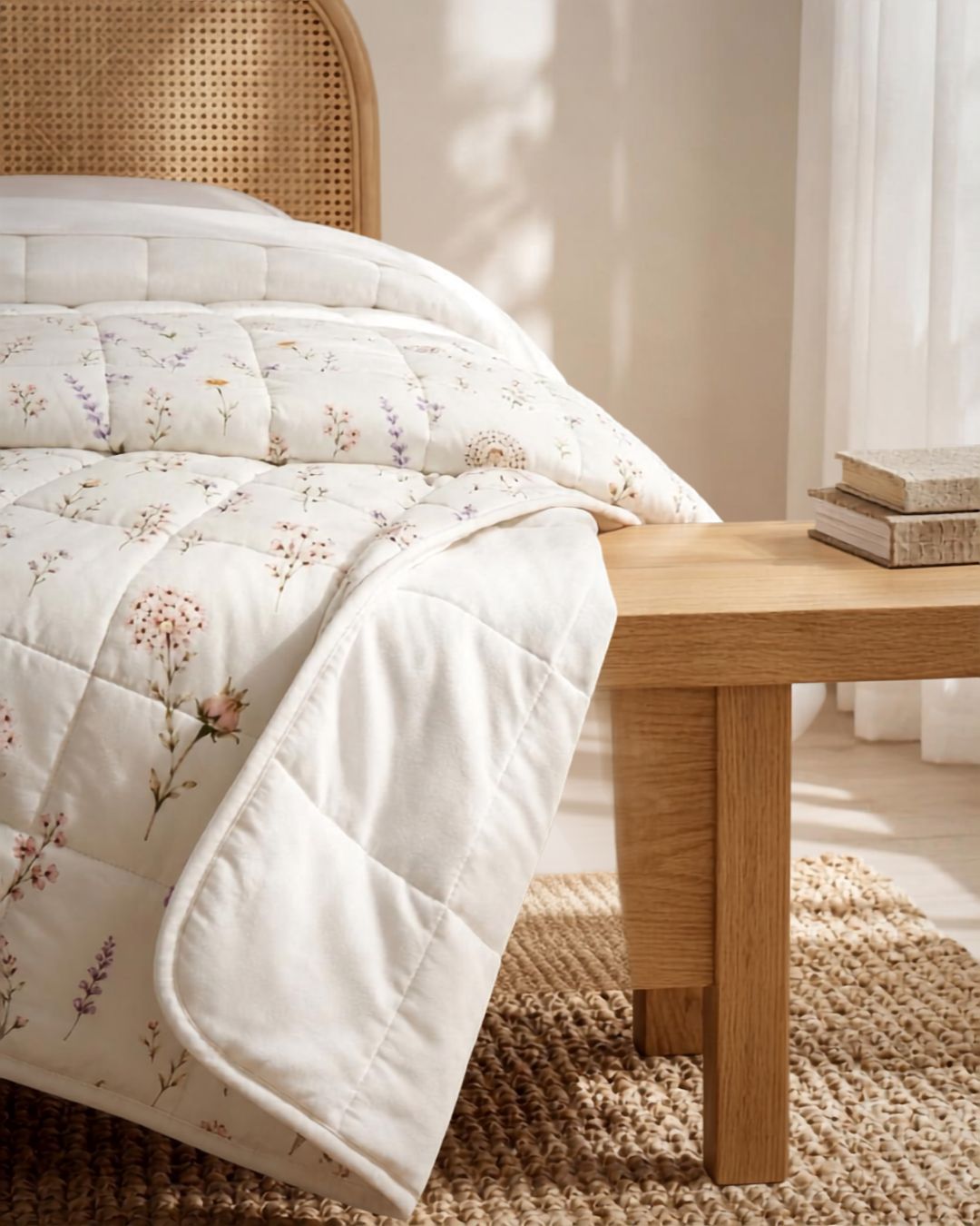 A quilted cream bedding set with a delicate pastel floral print, styled on a bed with a natural cane headboard next to a wooden bench.