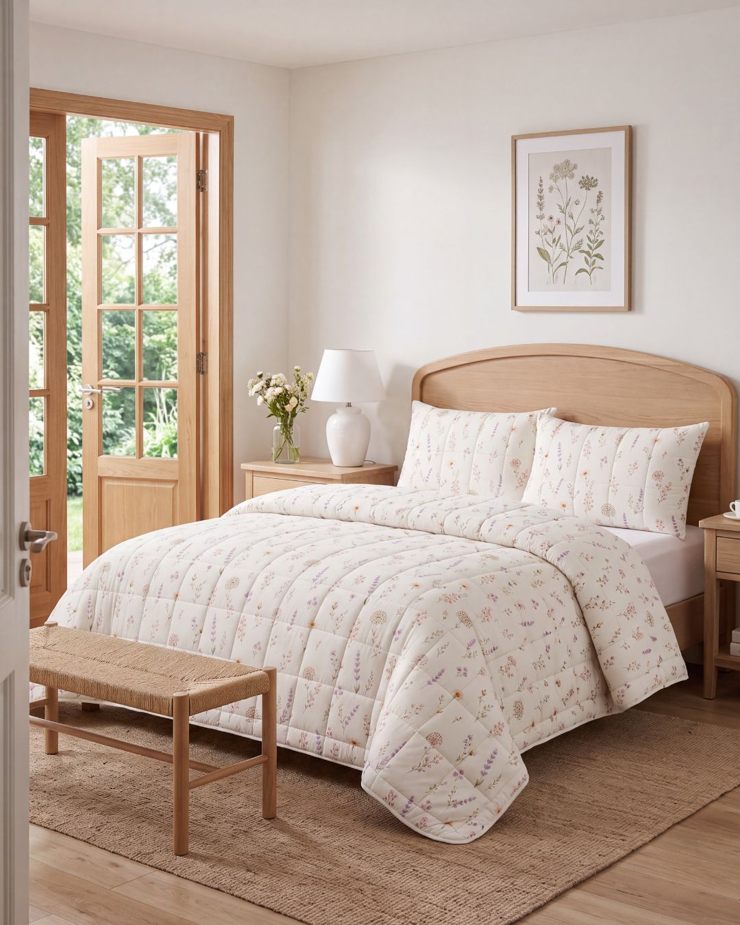 A quilted bedding set with a delicate floral pattern in soft pastel colors, styled on a wooden bed frame in a bright, neutral-toned bedroom.