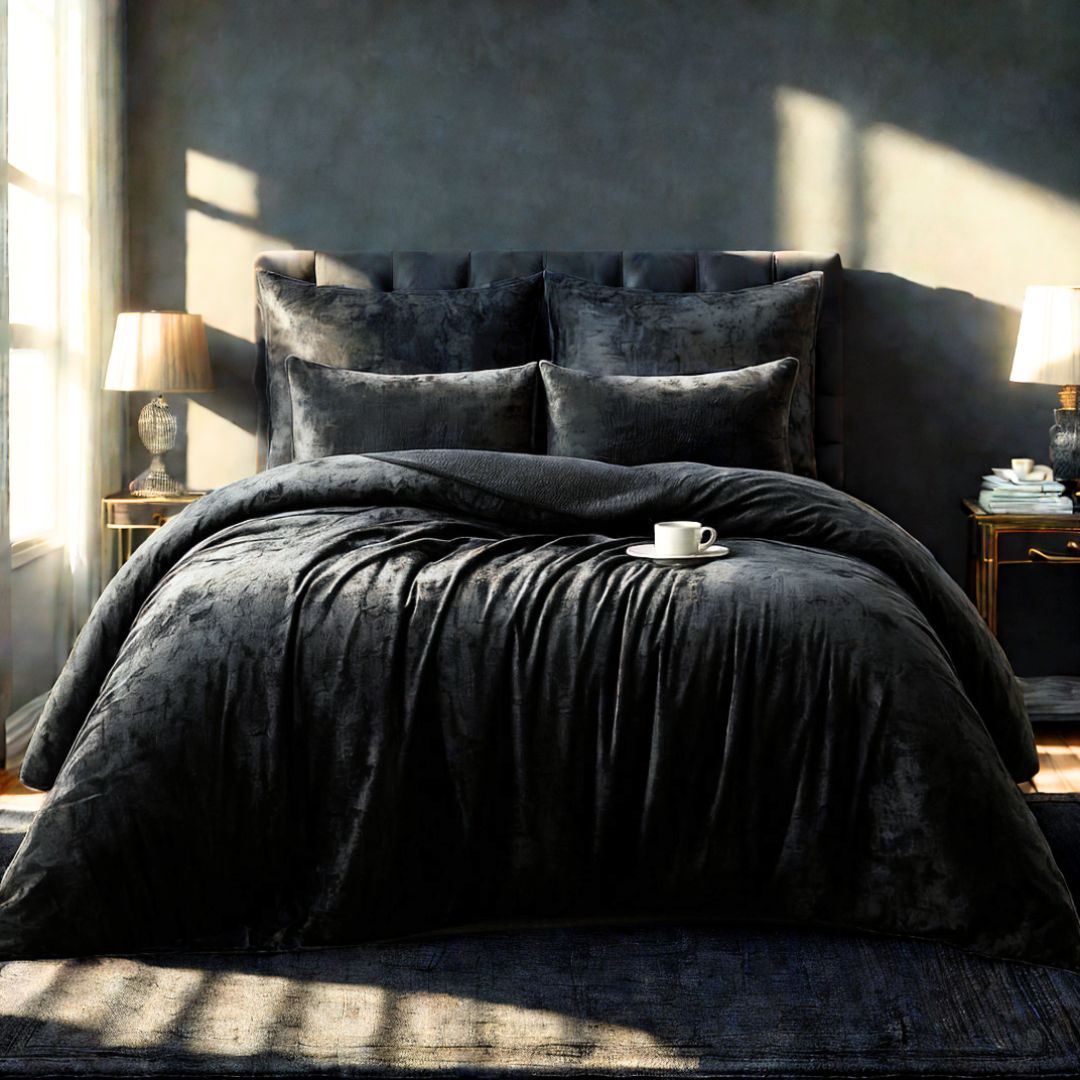 A black velvet comforter set on a bed, with a single pillowcase displayed. The comforter appears plush and is laid out in a room with a window allowing natural light to come in.