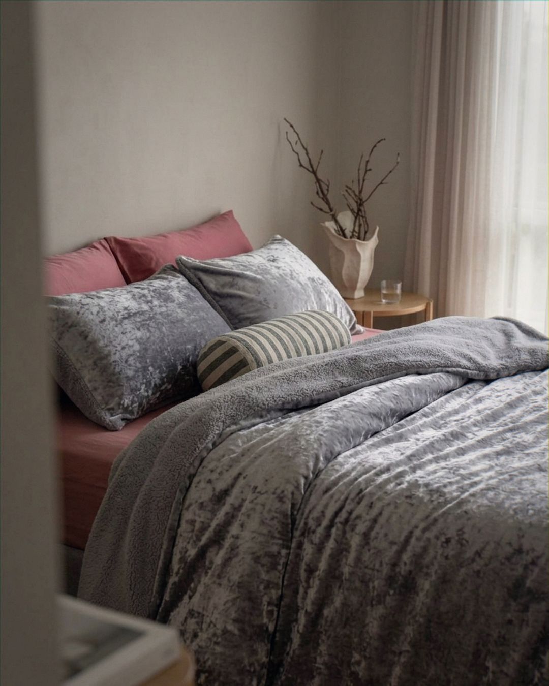 Overhead view of the Morgan and Reid Silver Velvet Crushed Snuggle Fleece Comforter Set on a made bed