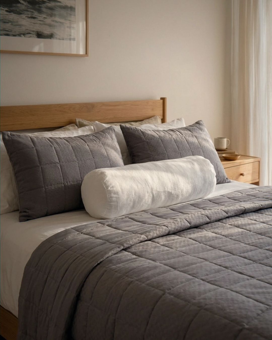 Bed with gray bedding and pillows in a bedroom setting