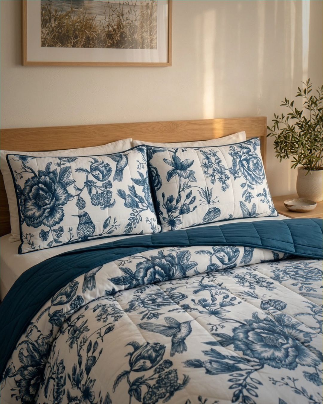 Floral bedding set on a bed with a wooden headboard and framed picture in the background.