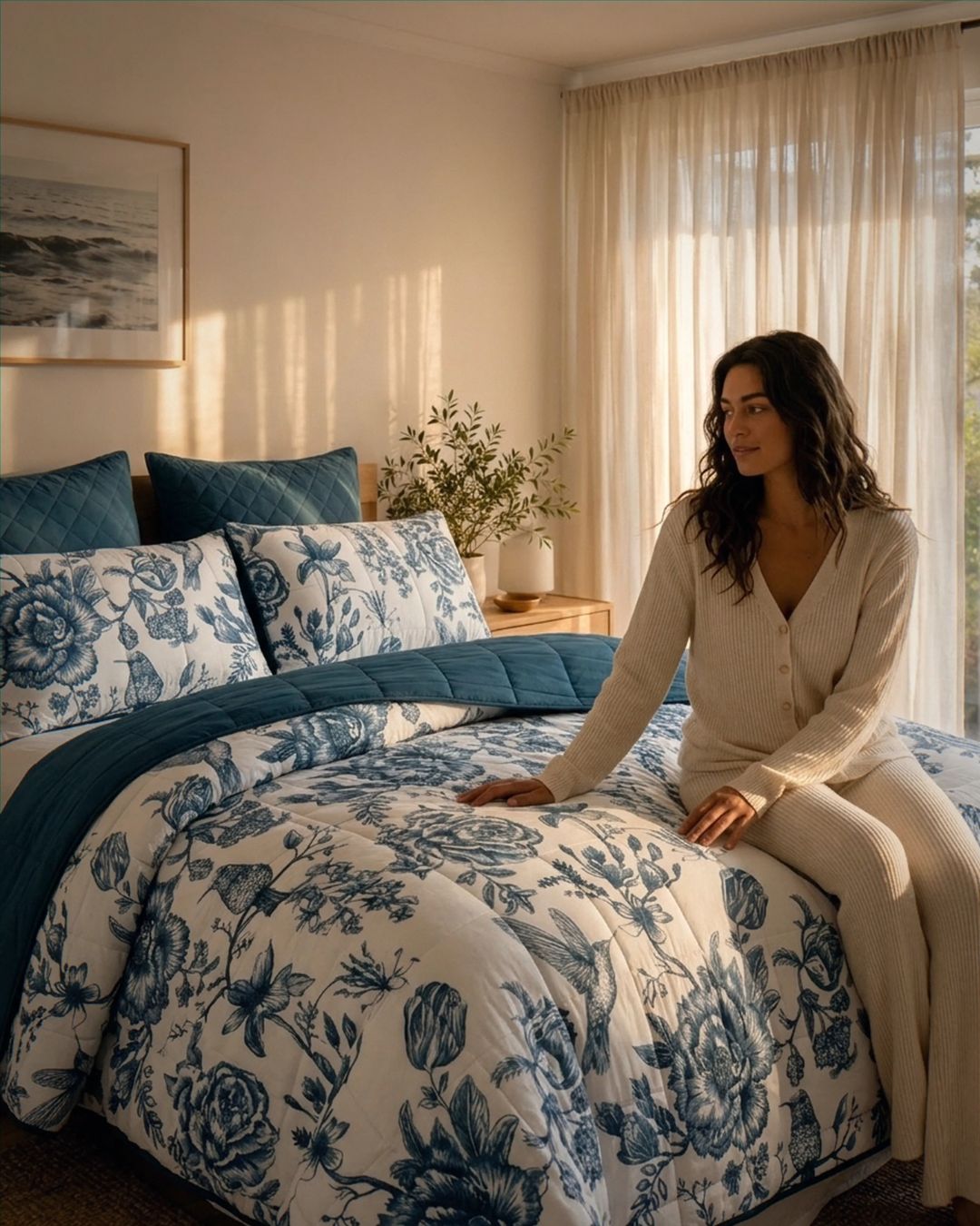 Woman sitting on a bed with blue and white floral bedding in a bright bedroom.