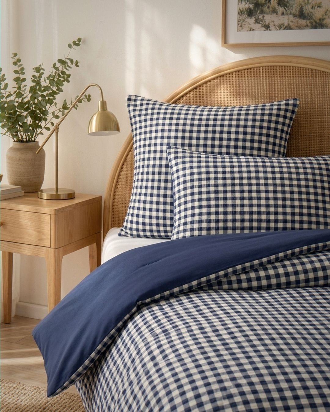 A neatly made bed with navy and white gingham check bedding, including two pillowcases and a duvet cover, styled in a warm bedroom setting with a wooden headboard, bedside table, lamp, and plant.