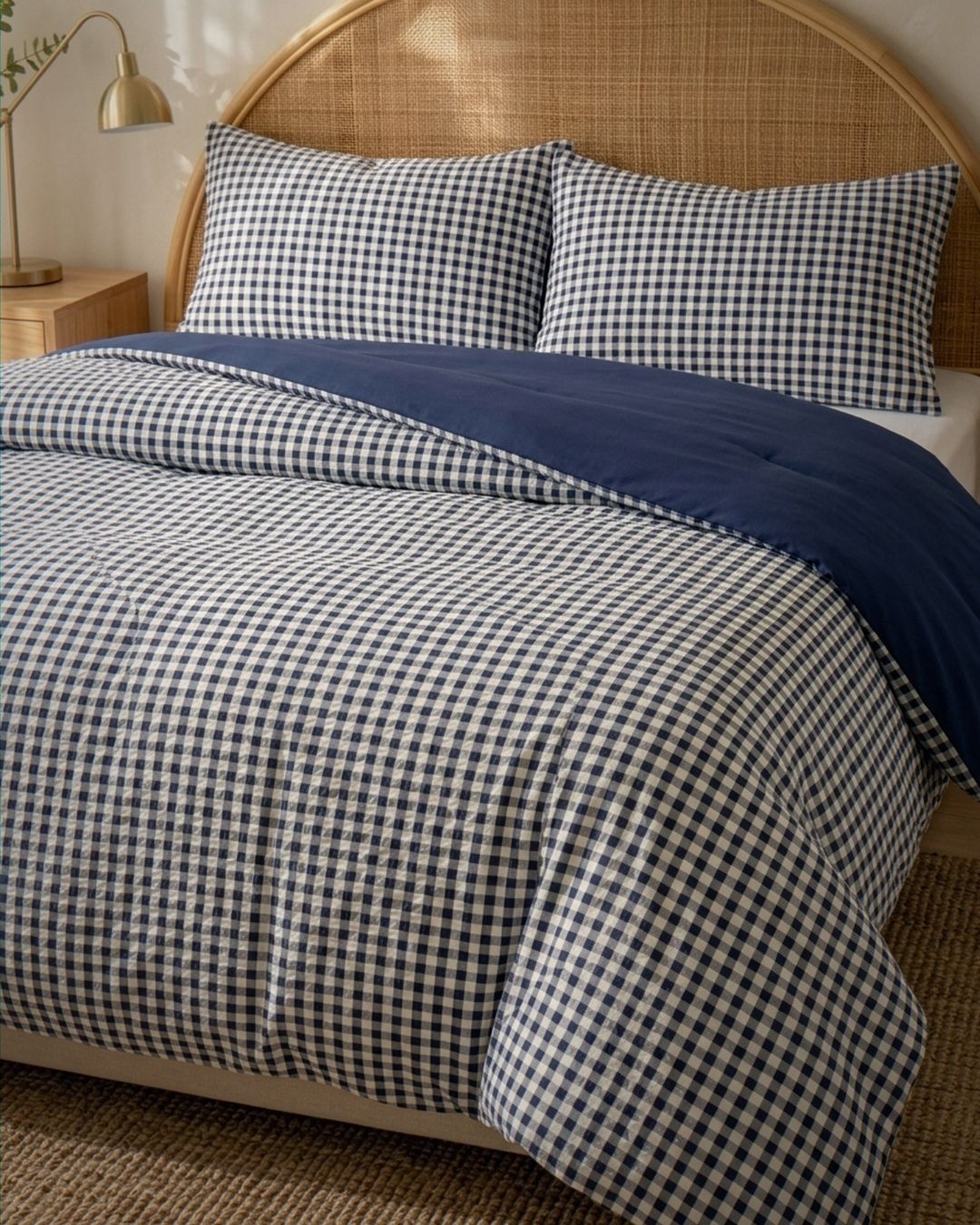 A neatly made bed with a navy and white gingham checkered duvet cover and matching pillowcases, with a solid navy blue folded-back section on the duvet. The bed has a light wood frame and a curved woven cane headboard, set in a warm, neutral-toned bedroom.
